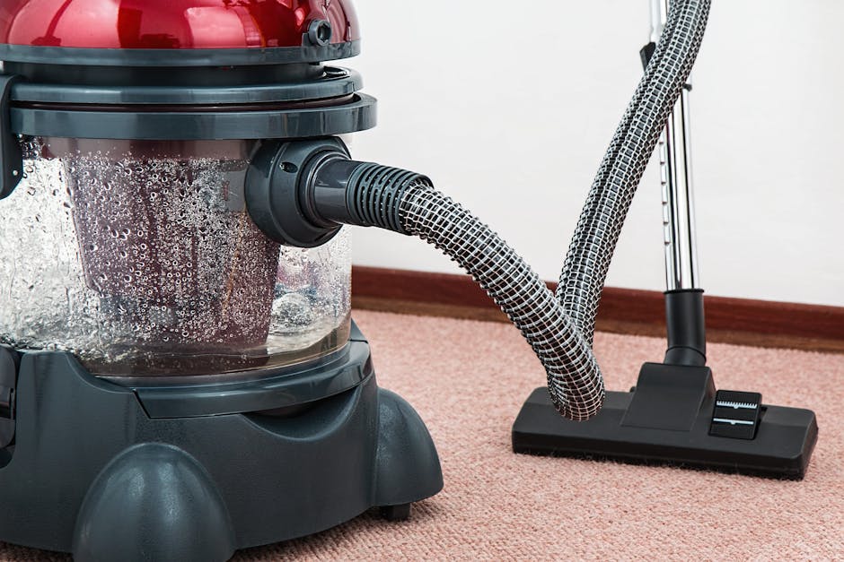 Close-up view of a vacuum cleaner with a transparent dust container filled with debris, connected to a flexible, patterned hose extending towards the black floor nozzle. The vacuum cleaner is positioned on a beige carpeted floor in a room with white walls and a wooden skirting board. The surface appears clean and well-maintained, emphasizing surface cleaning and maintenance. The lighting is bright and even, highlighting the details of the vacuum and carpet. This scene depicts a typical setting for domestic cleaning, as might be offered by Kentish Town Carpet Cleaning, specializing in surface cleaning and deep cleaning services.