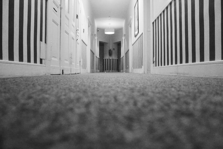 A low-angle view of a hallway with a carpeted floor, featuring striped wallpaper on both sides and white wooden paneling beneath it. The carpet appears clean and well-maintained, with a soft, textured surface. The hallway is illuminated by a ceiling light towards the end, casting a neutral light across the space. Doors are visible along the corridor, with some framed pictures hanging on the walls. The overall scene suggests a tidy interior space, with a focus on surface cleaning and maintenance, consistent with the services provided by Kentish Town Carpet Cleaning as discussed in their case study on deep cleaning and sanitisation.